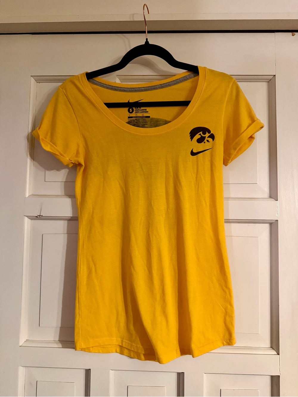 Nike Women's Bright Yellow Scoop Neck Short Sleeve Tee with Hawkeye Logo